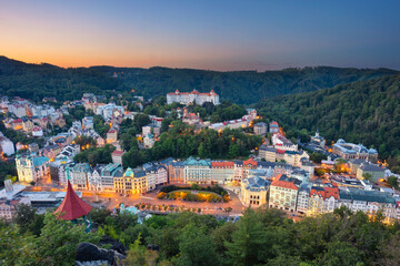 Karlovy Vary, Czech Republic. Aerial image of Karlovy Vary (Carlsbad), located in western Bohemia at beautiful sunrise.