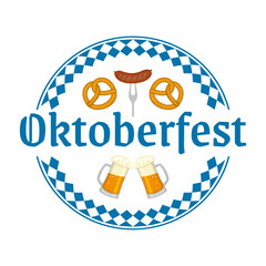 Oktoberfest logo, badge or label with beer mugs, pretzel and sausage. Beer festival poster or banner design elements. German fest sign or stamp. Vector illustration.