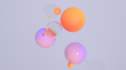 Minimal simple and beautiful color abstract background. Multicolor 3d spheres or balls floating on white background. Wallpaper or template. Low depth of field