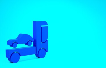 Blue Car transporter truck for transportation of car icon isolated on blue background. Minimalism concept. 3d illustration 3D render.