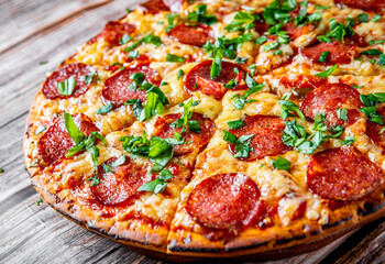 Pepperoni Pizza with Mozzarella cheese, salami, Tomato sauce, pepper, Spices and Fresh basil. Italian pizza on wooden table background