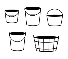 Collection of various buckets on a white background. Vector illustration.
