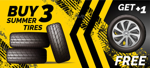 Car tires shop banner with discount offer, yellow background. Brochure template with automobile wheels sale ad, vector illustration - obrazy, fototapety, plakaty