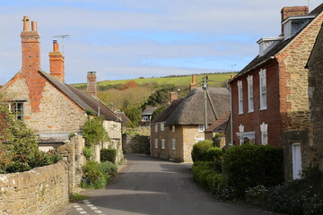 Traditional cottages lining a quiet street in a quaint, rural English village.
