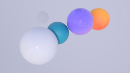 Minimal simple and beautiful color abstract background. Multicolor 3d spheres or balls floating on white background. Wallpaper or template. Low depth of field