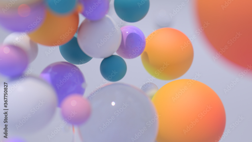 Poster minimal simple and beautiful color abstract background. multicolor 3d spheres or balls floating on w