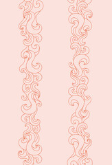 Doodle decorative waves on light pink background. Vertical marine border or pattern. Suitable for postcard, invitation, banner.