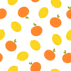 Simple lemons and oranges on white background. Seamless citrus summer flat pattern. Suitable for packaging, menu design.
