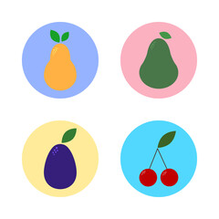 Colorful flat set of fruit and berry on white isolated background. Pear, avocado, plum and cherry. Suitable for web, poster, banner, menu design, postcard.