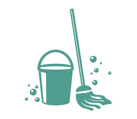 Bucket and mop on a white background. Cleaning. Vector illustration.