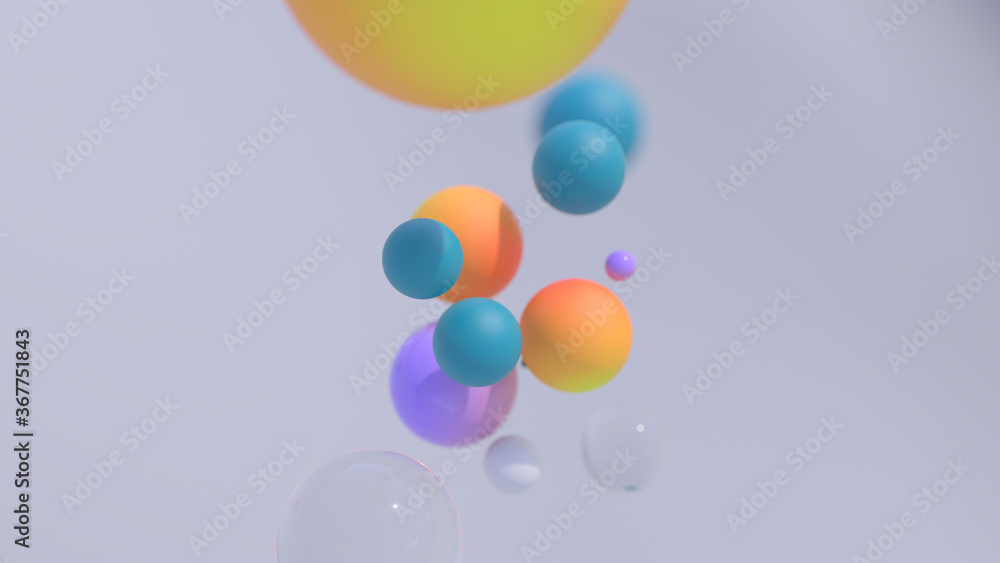Poster minimal simple and beautiful color abstract background. multicolor 3d spheres or balls floating on w