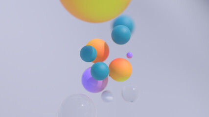 Minimal simple and beautiful color abstract background. Multicolor 3d spheres or balls floating on white background. Wallpaper or template. Low depth of field