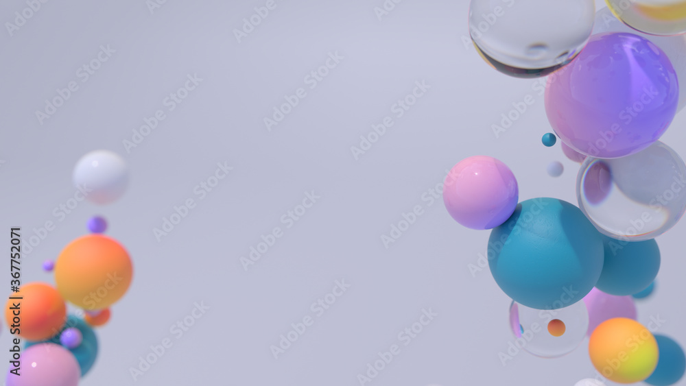 Poster minimal simple and beautiful color abstract background. multicolor 3d spheres or balls floating on w