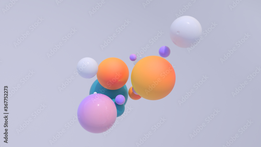 Poster minimal simple and beautiful color abstract background. multicolor 3d spheres or balls floating on w