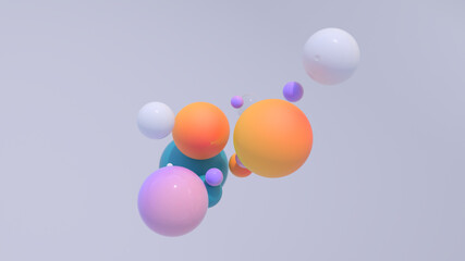 Minimal simple and beautiful color abstract background. Multicolor 3d spheres or balls floating on white background. Wallpaper or template. Low depth of field