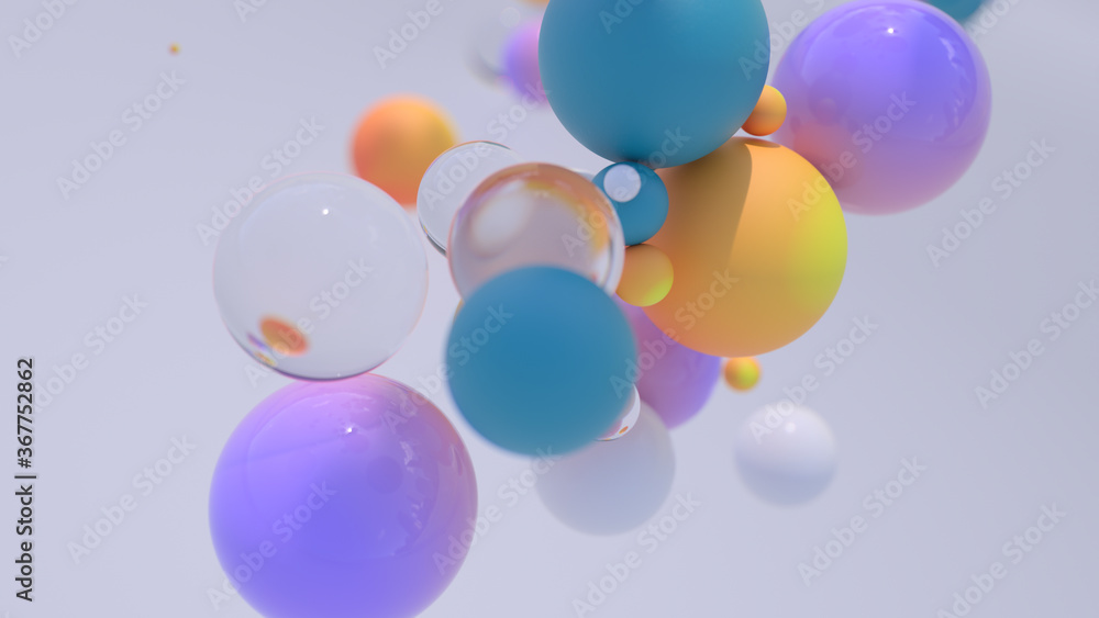 Poster minimal simple and beautiful color abstract background. multicolor 3d spheres or balls floating on w