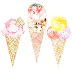 Watercolor ice cream. Hand drawn illustration. Colorful scoops. Watercolor splash splatters