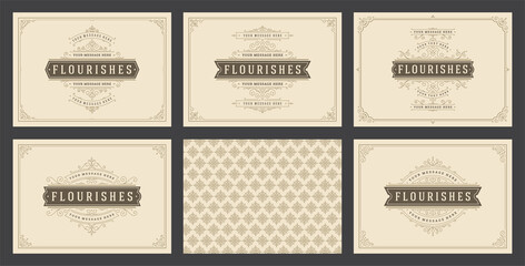 Vintage ornament greeting cards set templates flourish ornate frames and pattern background vector illustration © provectors
