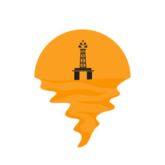 Vector of offshore oil platform on sea and sunset in background. Oil and gas company silhouette logo illustration design