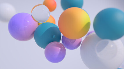 Minimal simple and beautiful color abstract background. Multicolor 3d spheres or balls floating on white background. Wallpaper or template. Low depth of field