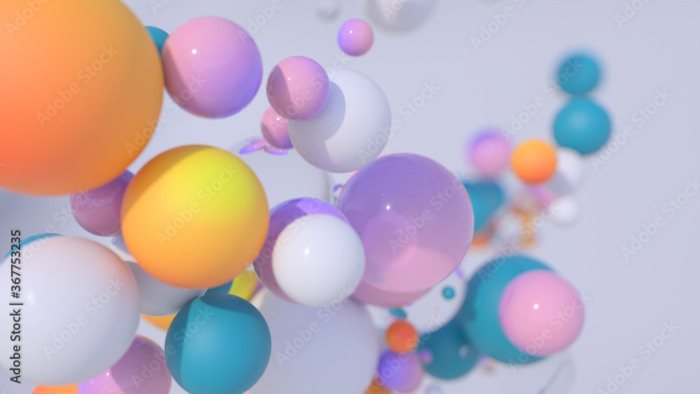Poster minimal simple and beautiful color abstract background. multicolor 3d spheres or balls floating on w