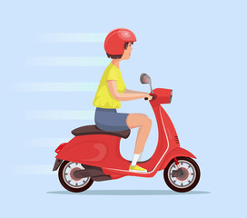 Fototapeta na wymiar Young cute woman in a helmet rides a red scooter. An adult uses a vehicle. Side view. Vector flat design girl character illustration.