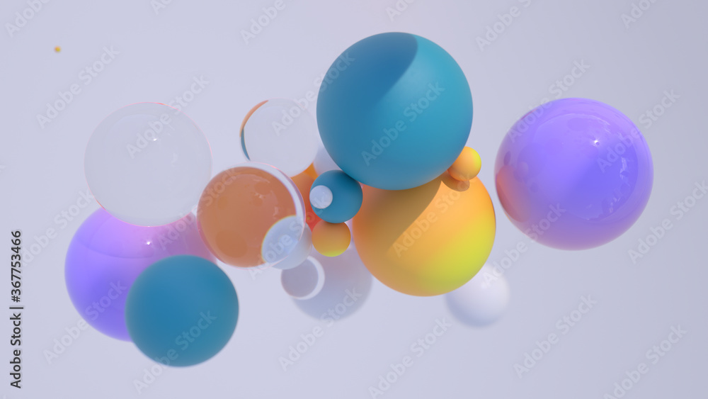 Poster minimal simple and beautiful color abstract background. multicolor 3d spheres or balls floating on w