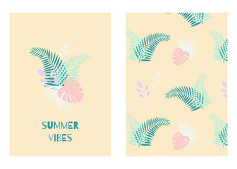 Fototapeta na wymiar Vector illustration with tropical leaves, text summer vibes and colorful seamless pattern. For birthday or party invitation and so print design for pajamas, nursery poster.