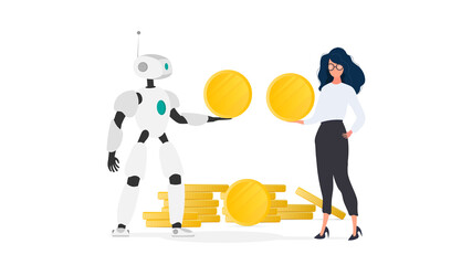 The robot gives a gold coin to the girl. The robot brings profit to the business. Earning, profit and wealth concept. Isolated. Vector.