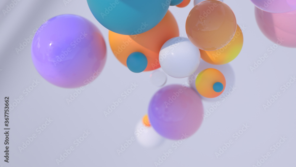 Poster minimal simple and beautiful color abstract background. multicolor 3d spheres or balls floating on w