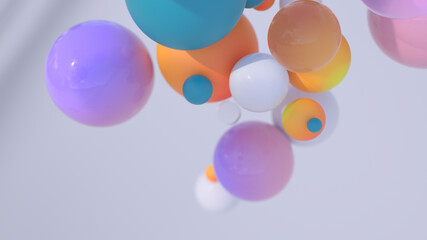 Minimal simple and beautiful color abstract background. Multicolor 3d spheres or balls floating on white background. Wallpaper or template. Low depth of field