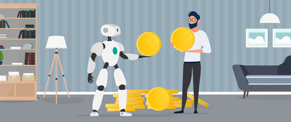 The robot gives a gold coin to a businessman. The robot brings profit to the business. The concept of earnings, profit and wealth. Vector.