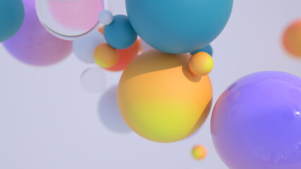 Minimal simple and beautiful color abstract background. Multicolor 3d spheres or balls floating on white background. Wallpaper or template. Low depth of field