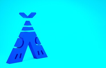 Blue Traditional indian teepee or wigwam icon isolated on blue background. Indian tent. Minimalism concept. 3d illustration 3D render.
