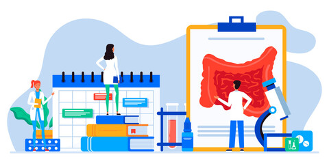 Fototapeta premium Digestive system health. Treat dysbiosis, harmful bacteria, intestine doctor examine. Doctor appointment. Online consultation. Diagnosis of the bowel. Inflammation, colitis, dysbacteriosis.