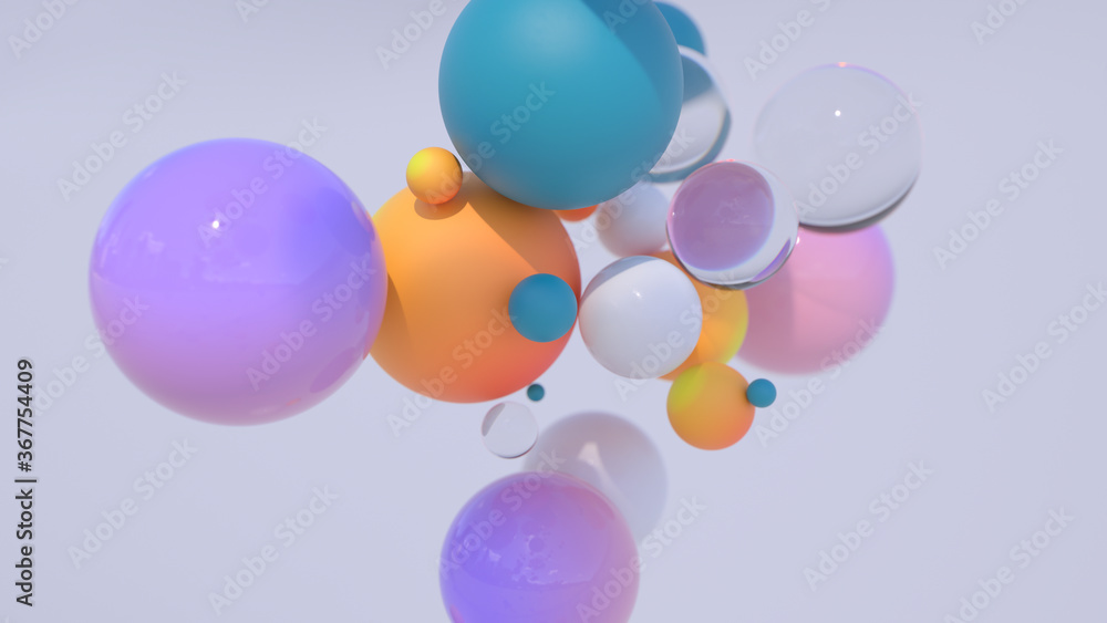 Poster minimal simple and beautiful color abstract background. multicolor 3d spheres or balls floating on w