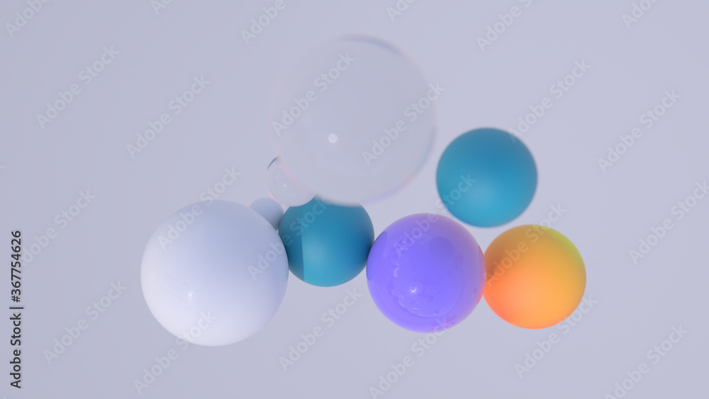 Poster minimal simple and beautiful color abstract background. multicolor 3d spheres or balls floating on w