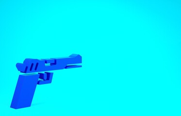 Blue Pistol or gun icon isolated on blue background. Police or military handgun. Small firearm. Minimalism concept. 3d illustration 3D render.