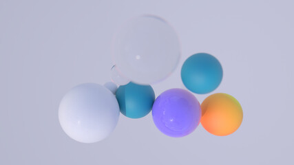 Minimal simple and beautiful color abstract background. Multicolor 3d spheres or balls floating on white background. Wallpaper or template. Low depth of field