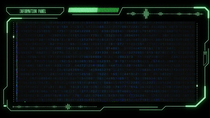 Technology Futuristic UI HUD Big Data Digital Number Conde Information Screen Display Monitor. Particle Statistic Digit Random Security Code Virtual Reality Network Graphic Design.