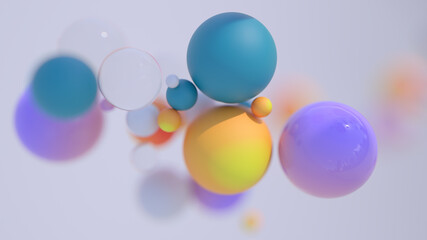 Minimal simple and beautiful color abstract background. Multicolor 3d spheres or balls floating on white background. Wallpaper or template. Low depth of field