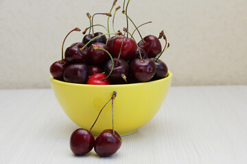 cherries are in a yellow plate