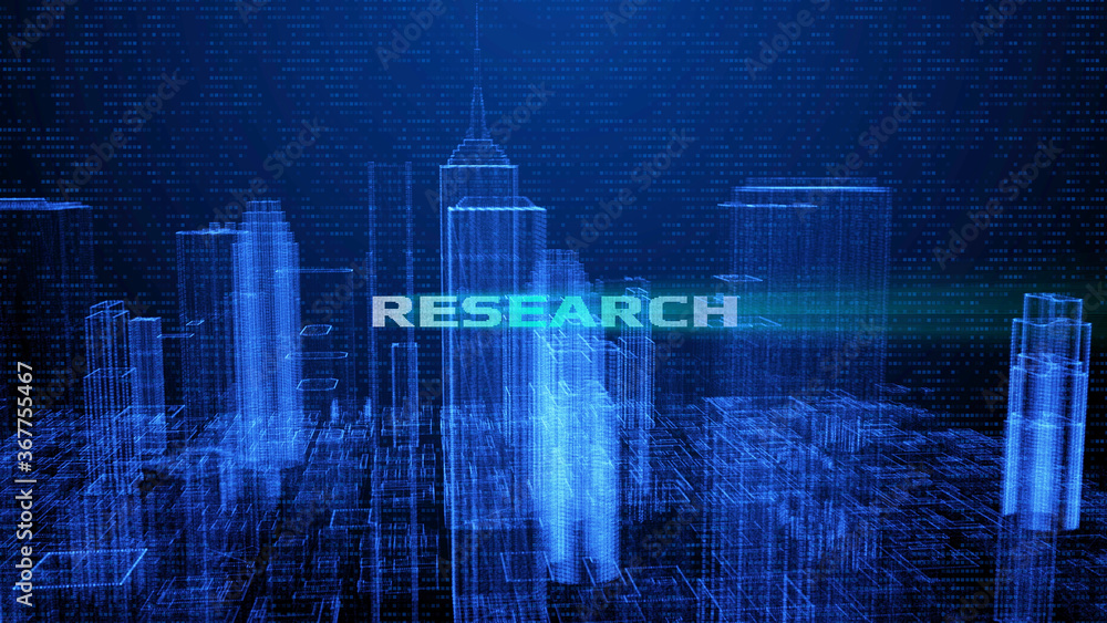 Poster HUD Futuristic Big Data Digital City Town Element Analysis Illustration. 3D Rendering Blue Wireframe Structure Building Screen Interface Sci fi.