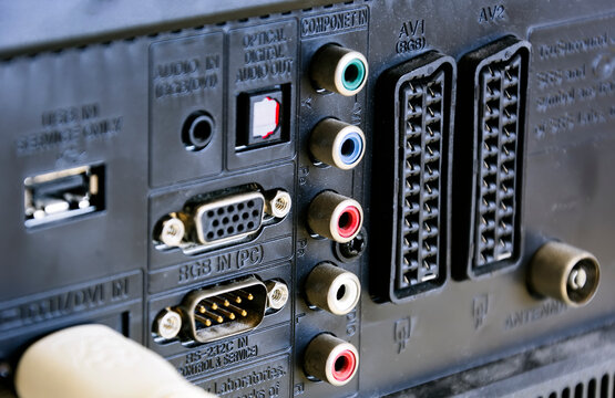 Rear panel of a television with sockets for audio / video, scart connections and for rgb video input for the monitor. Technology and connections between devices