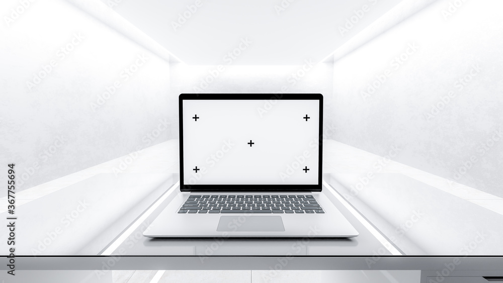 Poster laptop placed on a desk in the middle of an empty white room. 3d render.