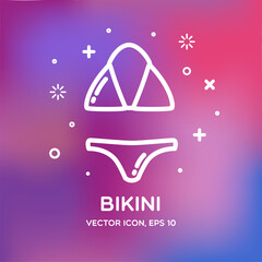 Outline bikini icon at bright blurred background for covers, placards, posters, flyers and banner designs. Eps10 vector template. Simple logotype icon. Summer badges, symbol and labels