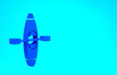 Blue Kayak and paddle icon isolated on blue background. Kayak and canoe for fishing and tourism. Outdoor activities. Minimalism concept. 3d illustration 3D render.