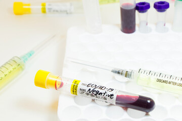 Medical needle and blood tube, corona virus or covid-19 vaccine.