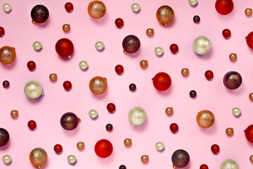 Trendy Christmas pattern with winter and New Year toys on abstract background. Top horizontal view copyspace