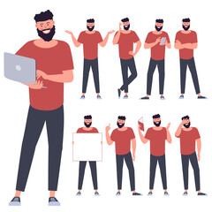 Set of flat design young man characters. Various poses and gestures and everyday activities. Shopping, chatting, phonning, working and showing different emotions.